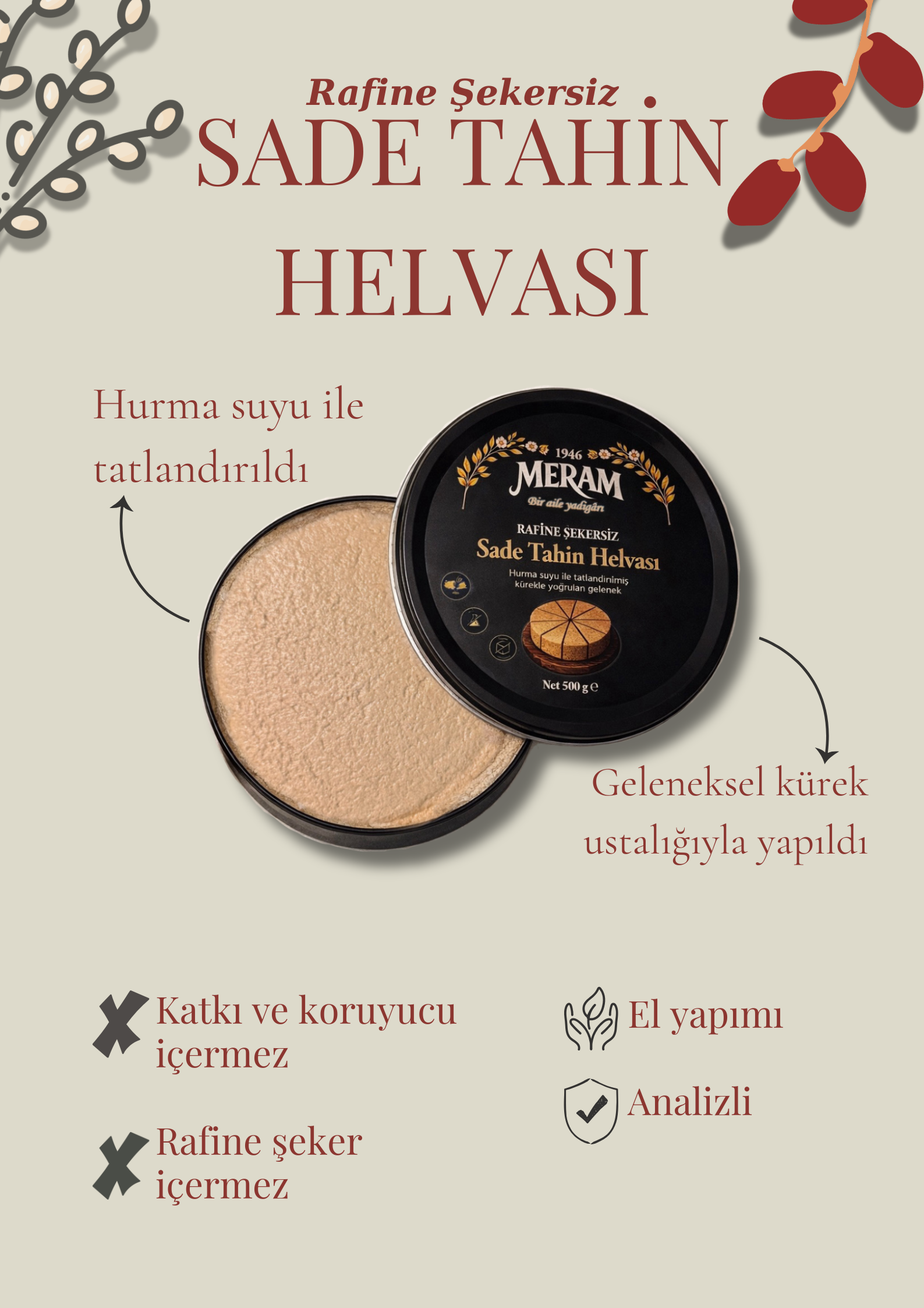 Meram Helva 1946'nın analizli güvenilir Rafine şeker ilavesiz sade tahin helvası