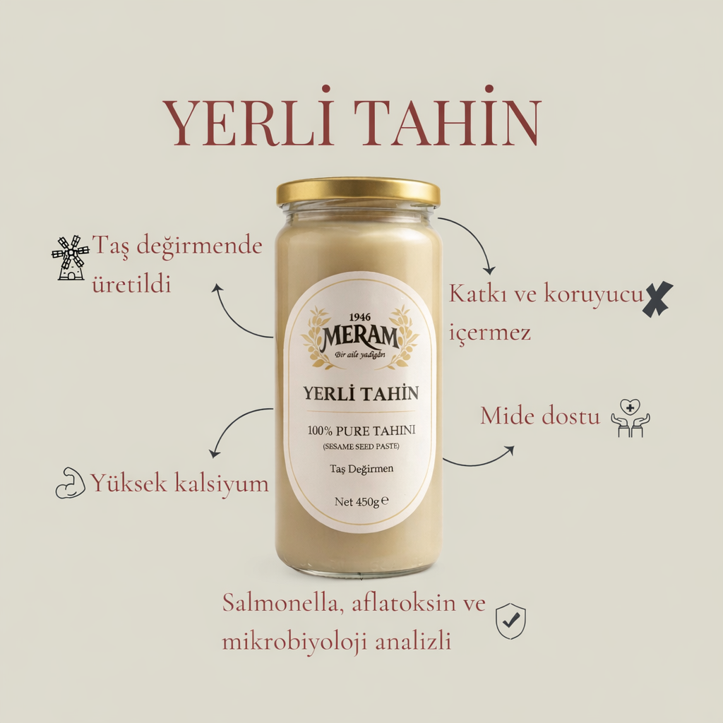 Meram Helva yerli susamdan üretilen tahin analizlidir. Aflatoksin ve Salmonella analizlidir.